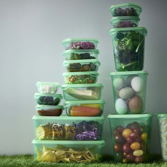 Green PRUTA food storage container set with various sizes and lids