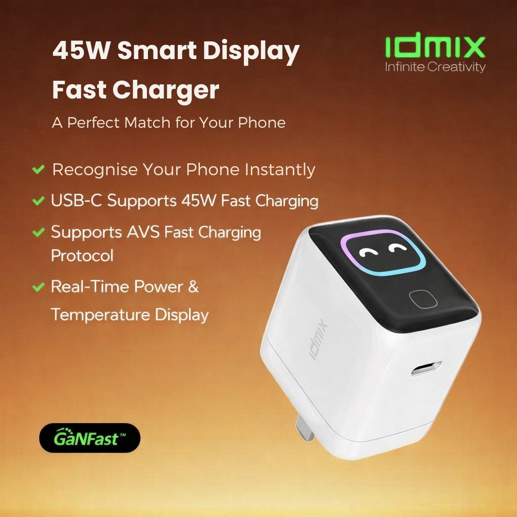 iDMIX Power Cube 45W GaN Smart Screen USB-C Charger – White