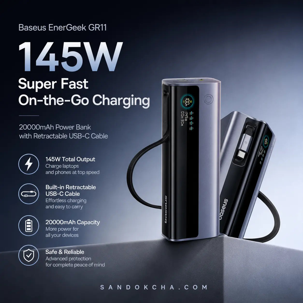 Baseus EnerGeek GR11 20000mAh 145W Power Bank with Retractable USB-C Cable