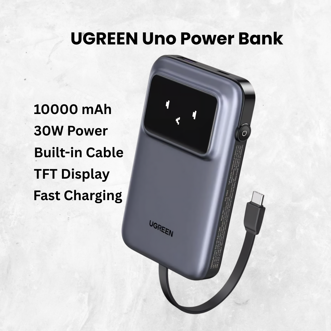UGREEN Uno 10000mAh 30W Power Bank | Built-in Cable | TFT Display