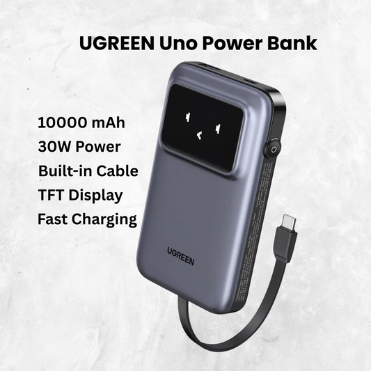 UGREEN Uno 10000mAh 30W Power Bank | Built-in Cable | TFT Display