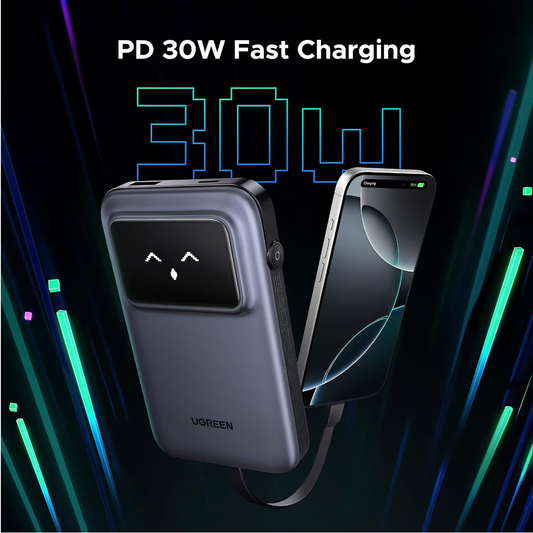 UGREEN Uno 10000mAh 30W Power Bank | Built-in Cable | TFT Display