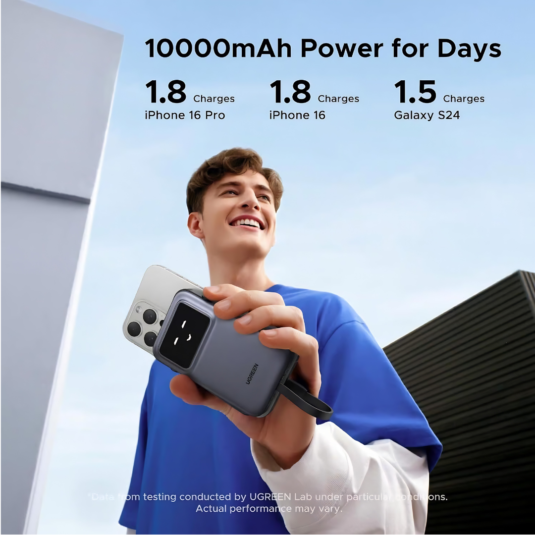 UGREEN Uno 10000mAh 30W Power Bank | Built-in Cable | TFT Display