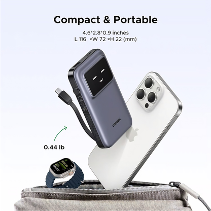 UGREEN Uno 10000mAh 30W Power Bank | Built-in Cable | TFT Display