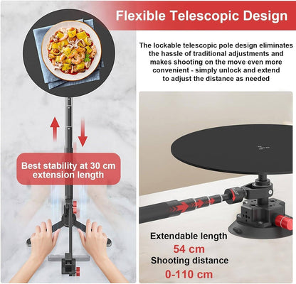 360° Panoramic Camera Spinner — Manual Rotating Photography Platform with 110cm Telescopic Arm