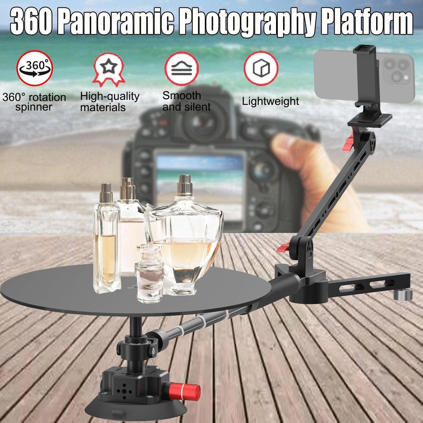 360° Panoramic Camera Spinner — Manual Rotating Photography Platform with 110cm Telescopic Arm
