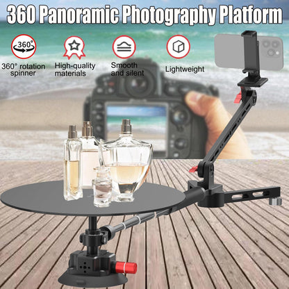 360° Panoramic Camera Spinner — Manual Rotating Photography Platform with 110cm Telescopic Arm