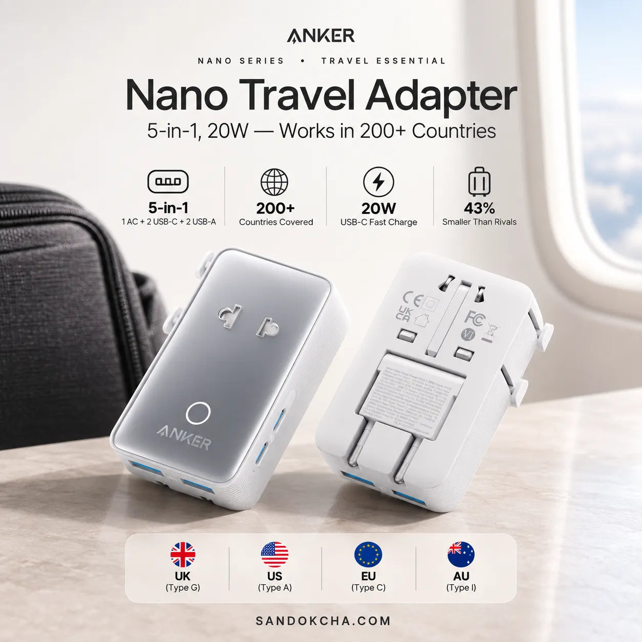 Anker Nano Universal Travel Adapter — 5-in-1, 20W, UK/US/EU/AU Plugs