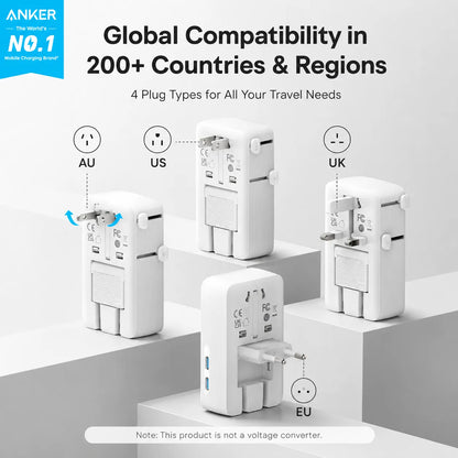 Anker Nano Universal Travel Adapter — 5-in-1, 20W, UK/US/EU/AU Plugs