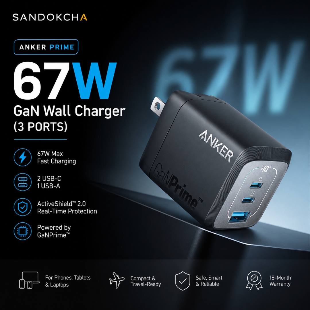 Anker Prime 67W 3-Port GaN Charger | Laptop + Phone Fast Charging