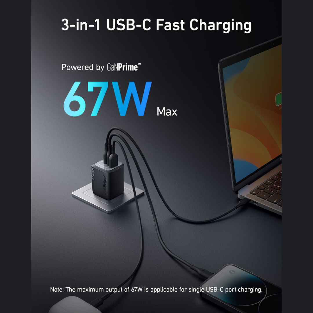 Anker Prime 67W 3-Port GaN Charger | Laptop + Phone Fast Charging