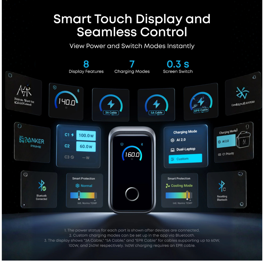 Anker Prime Charger 160W 3-Port USB-C Smart Display