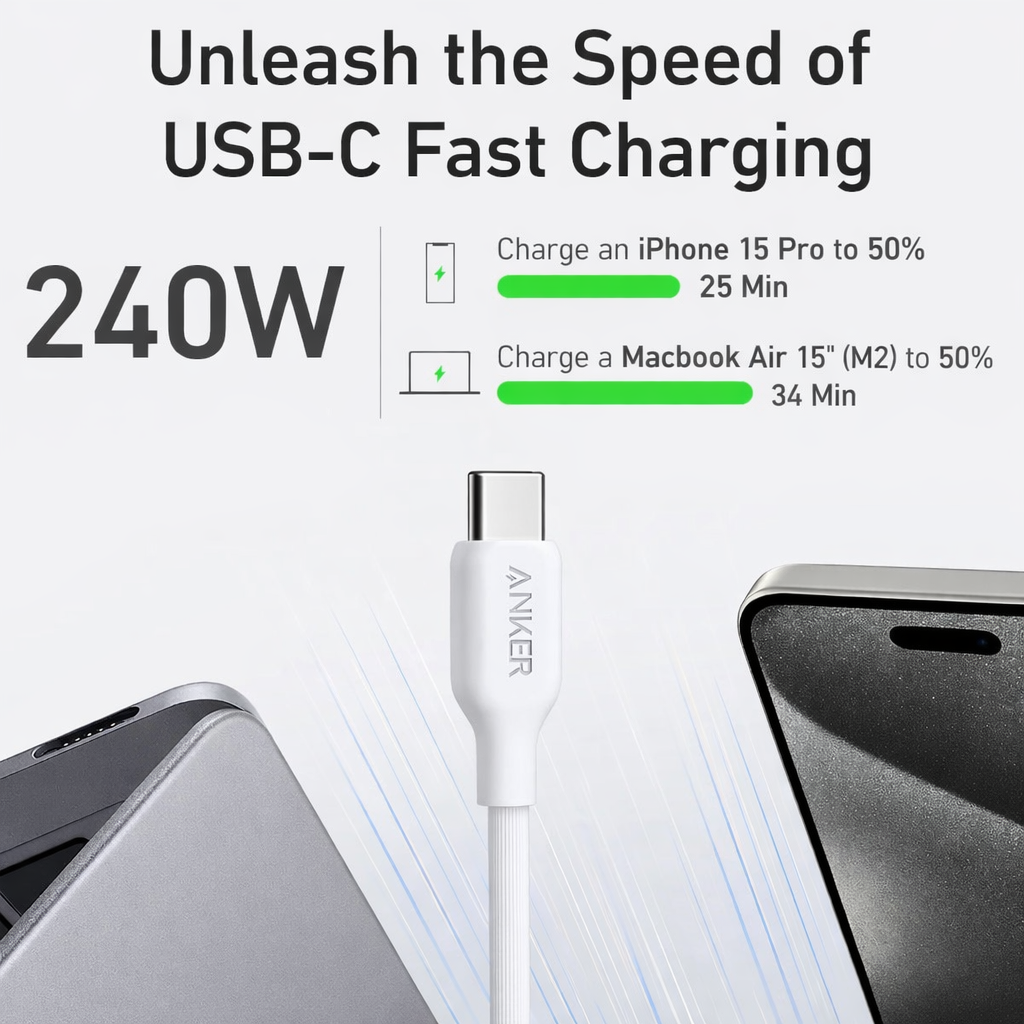 Anker 544 240W USB-C Fast Charging Cable (6ft) – Durable Bio-Braided Design