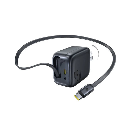 Baseus 45W Fast Charger with Built-In Retractable Cable | 2 USB-C Ports | Foldable Plug
