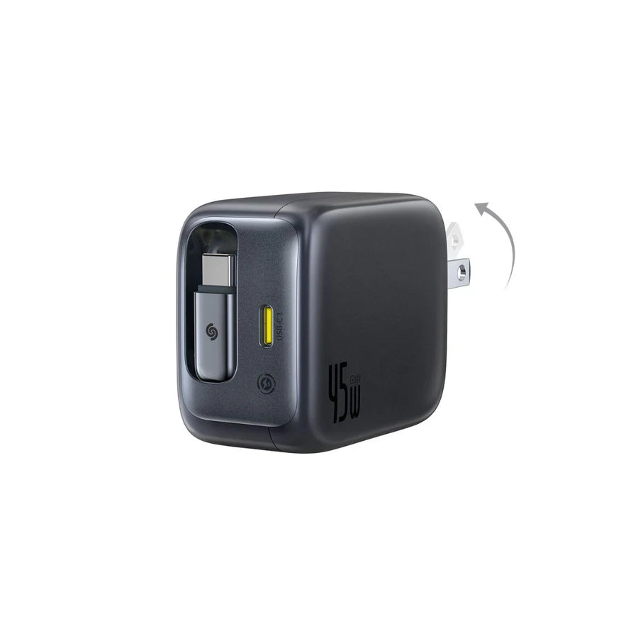 Baseus 45W Fast Charger with Built-In Retractable Cable | 2 USB-C Ports | Foldable Plug