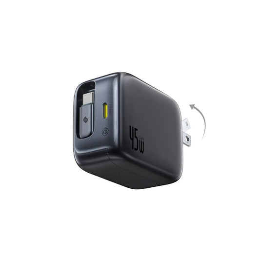 Baseus 45W Fast Charger with Built-In Retractable Cable | 2 USB-C Ports | Foldable Plug