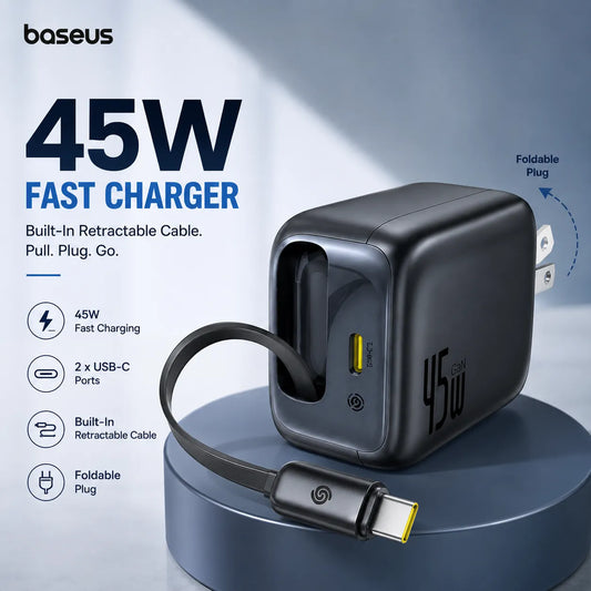 Baseus 45W Fast Charger with Built-In Retractable Cable | 2 USB-C Ports | Foldable Plug