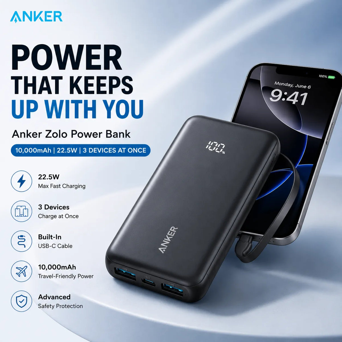 Anker Zolo Power Bank 10,000mAh | 22.5W | 3 Devices at Once