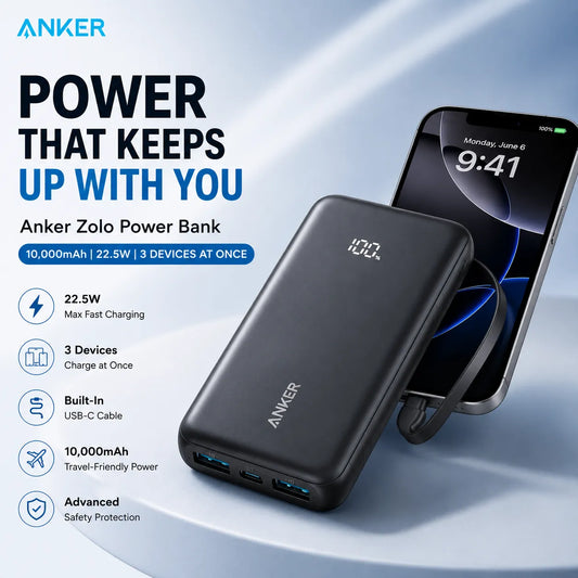 Anker Zolo Power Bank 10,000mAh | 22.5W | 3 Devices at Once