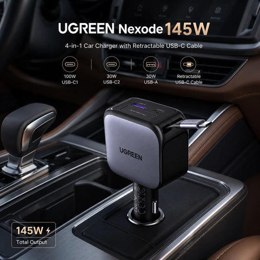 UGREEN Nexode 145W Car Charger with Retractable USB-C Cable — 4-in-1 Fast Charging