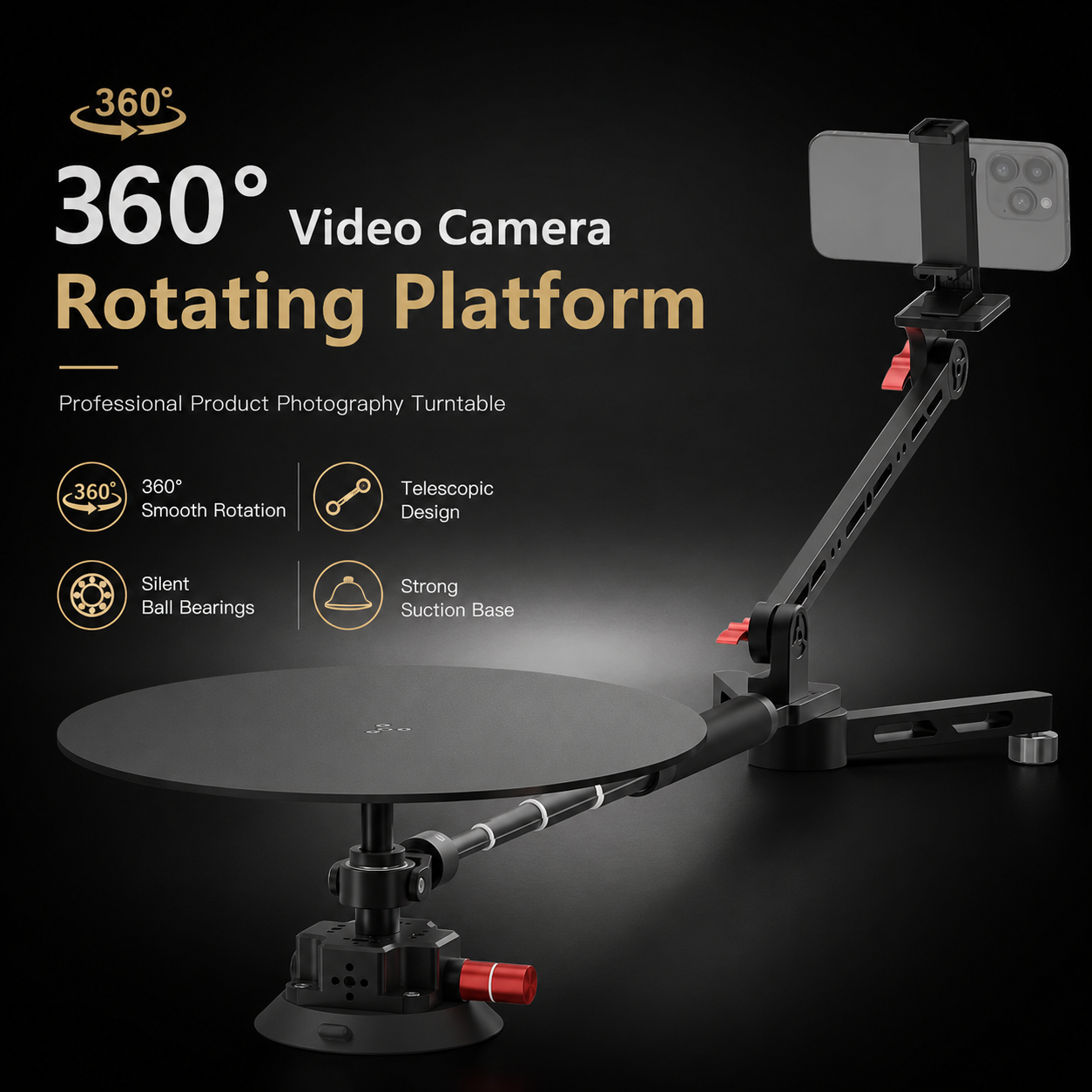 360° Panoramic Camera Spinner — Manual Rotating Photography Platform with 110cm Telescopic Arm