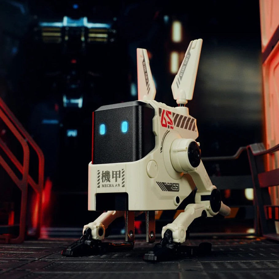 Toy robot with rabbit-like features in a dark, futuristic setting
