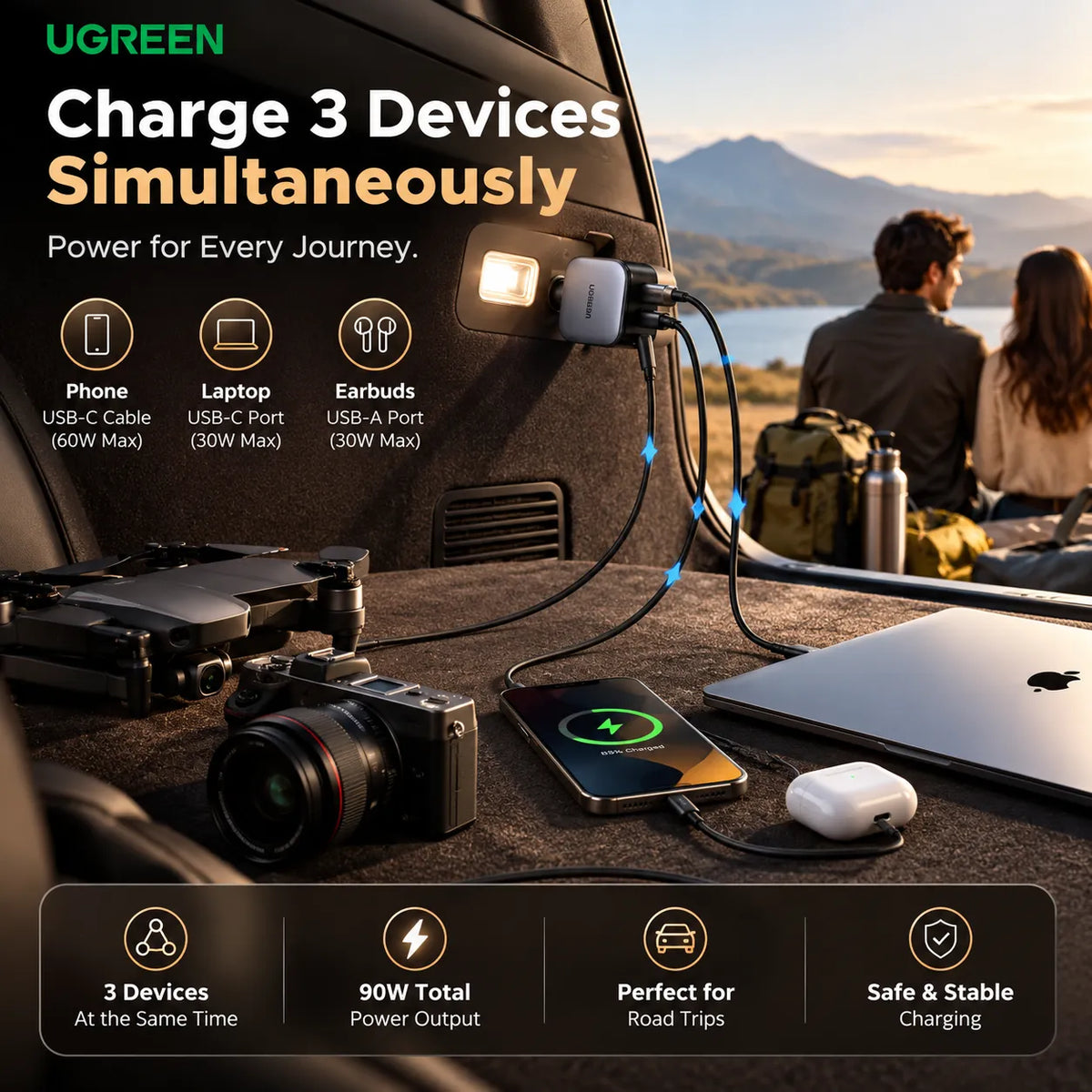 UGREEN 90W Car Charger with Retractable USB-C Cable (EC603)