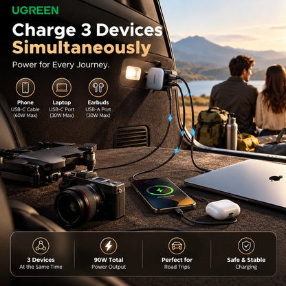 UGREEN 90W Car Charger with Retractable USB-C Cable (EC603)
