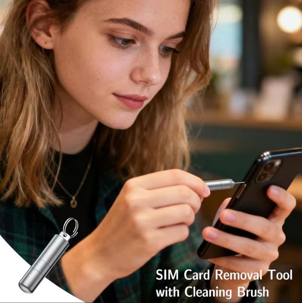 SIM Card Ejector Tool Pakistan – 2-in-1 EDC SIM Pin with Cleaning Brush & Keychain | Aluminum Alloy Phone & AirPods Cleaner