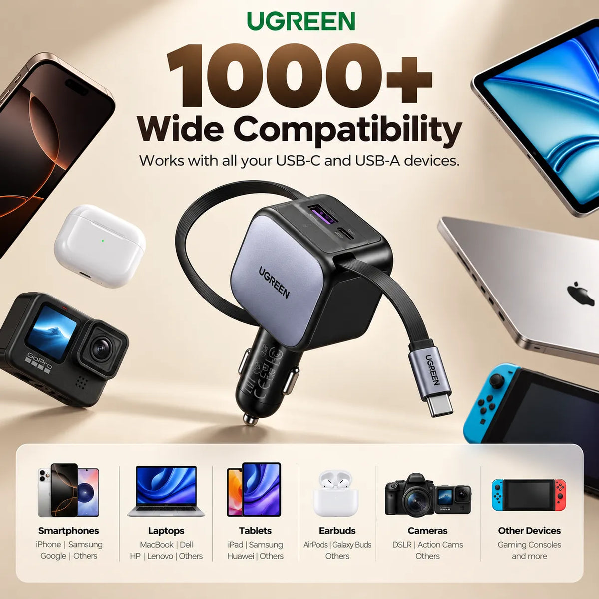 UGREEN 90W Car Charger with Retractable USB-C Cable (EC603)