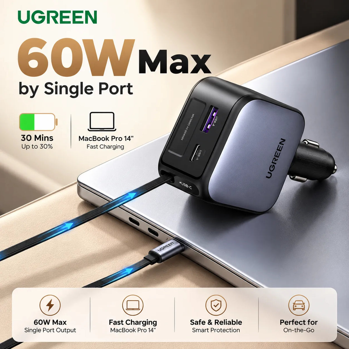UGREEN 90W Car Charger with Retractable USB-C Cable (EC603)