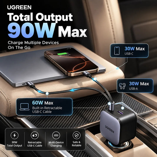 UGREEN 90W Car Charger with Retractable USB-C Cable (EC603)