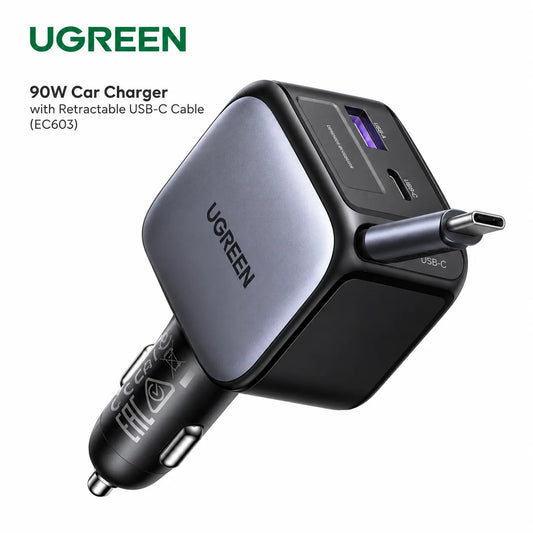 UGREEN 90W Car Charger with Retractable USB-C Cable (EC603)