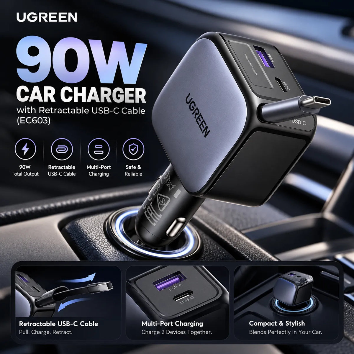 UGREEN 90W Car Charger with Retractable USB-C Cable (EC603)
