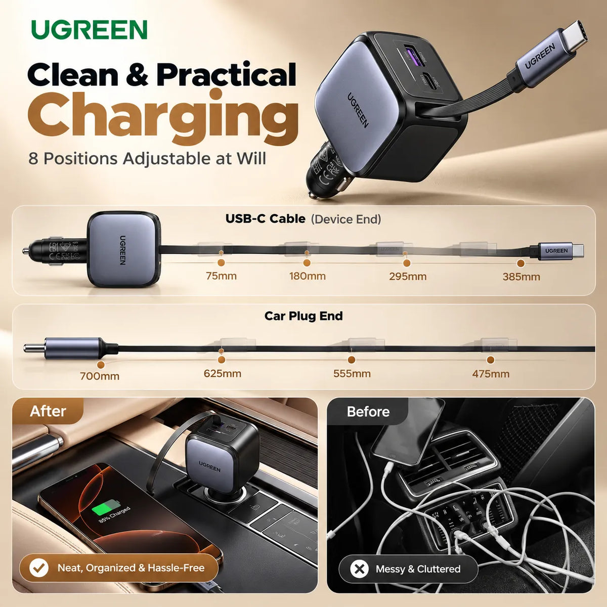 UGREEN 90W Car Charger with Retractable USB-C Cable (EC603)