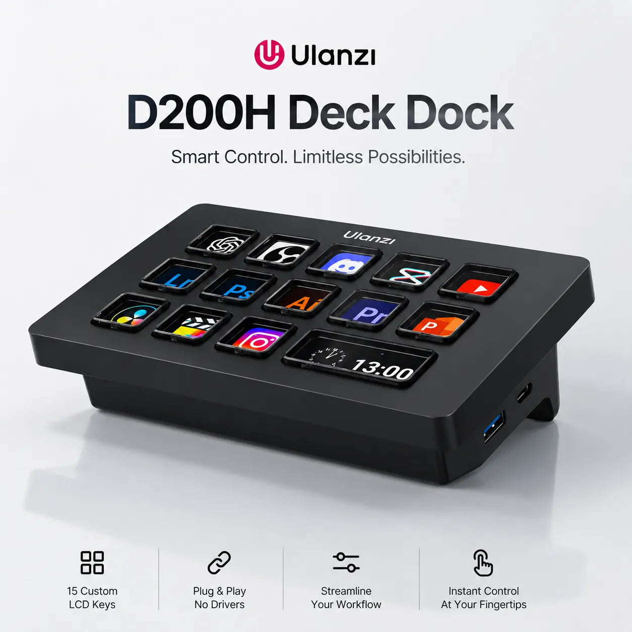 Ulanzi D200H Deck Dock – 13-Key Stream Controller & 7-in-1 USB-C Hub