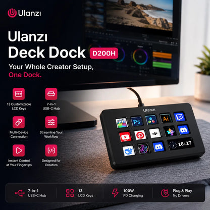Ulanzi D200H Deck Dock – 13-Key Stream Controller & 7-in-1 USB-C Hub