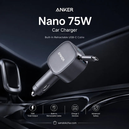 Anker Nano 75W Car Charger with Built-In Retractable USB-C Cable