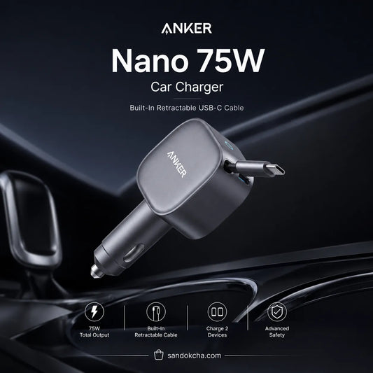 Anker Nano 75W Car Charger with Built-In Retractable USB-C Cable