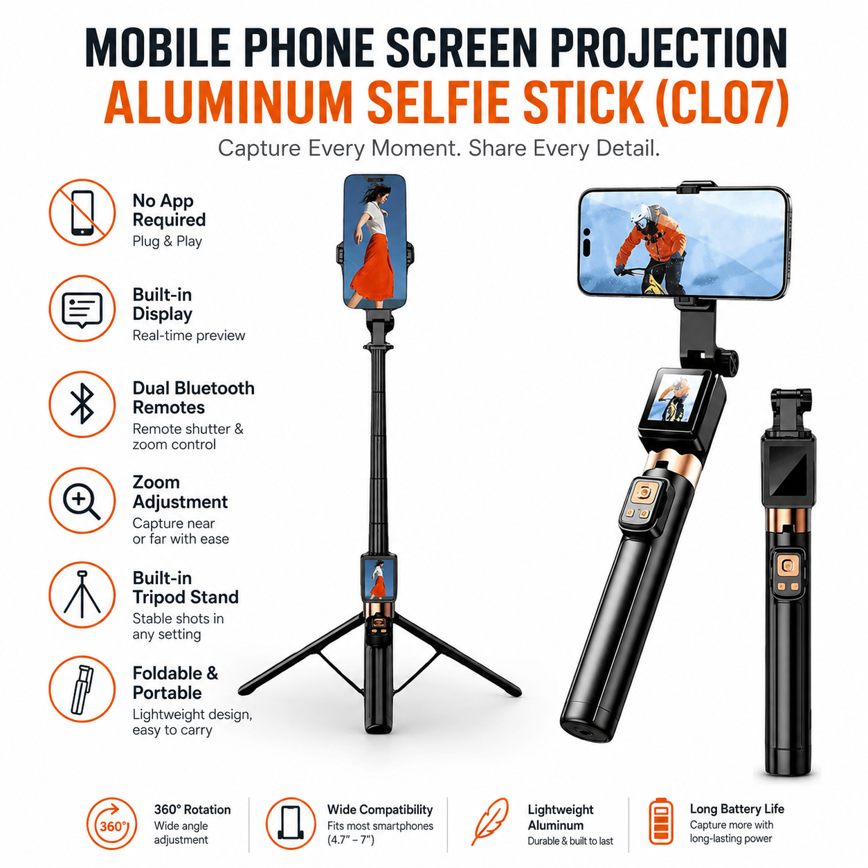 CL07 Selfie Stick & Tripod with Live Display Screen