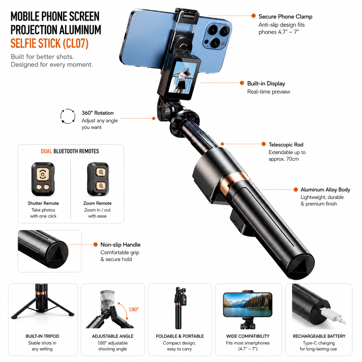 CL07 Selfie Stick & Tripod with Live Display Screen