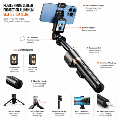 CL07 Selfie Stick & Tripod with Live Display Screen