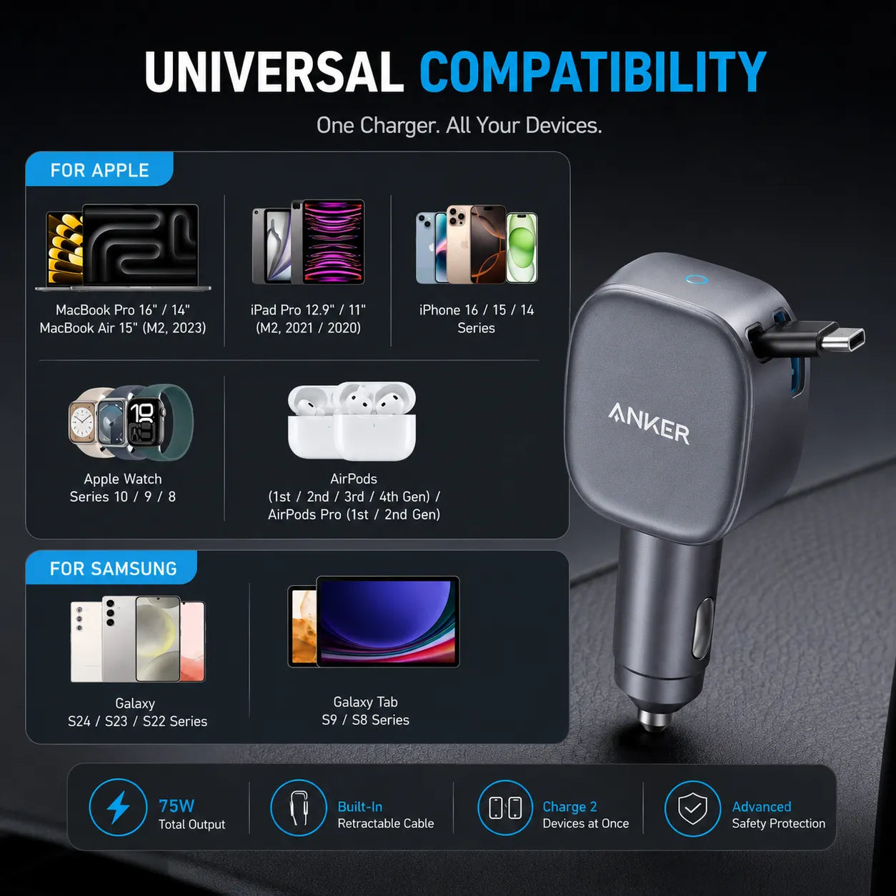 Anker Nano 75W Car Charger with Built-In Retractable USB-C Cable