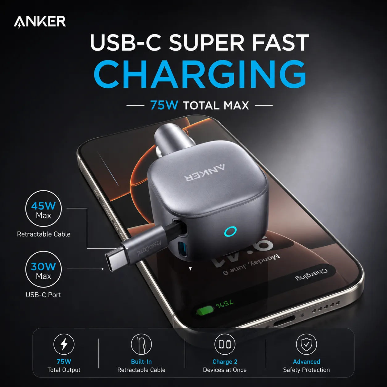 Anker Nano 75W Car Charger with Built-In Retractable USB-C Cable