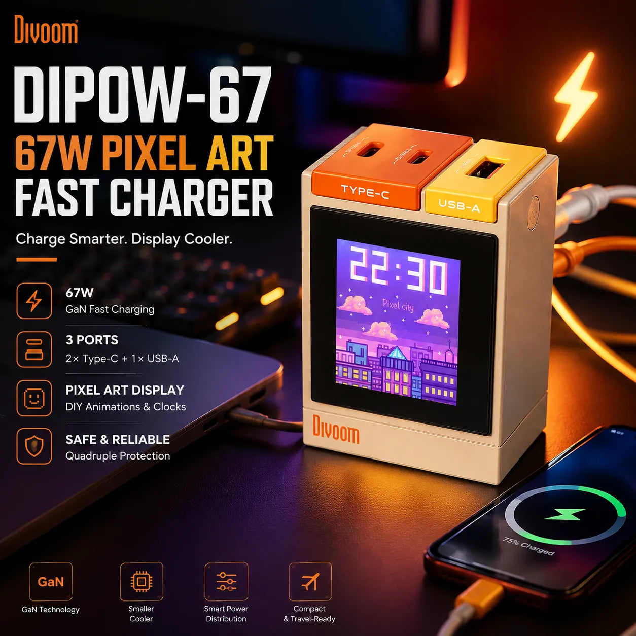 Divoom Dipow 67W Pixel Art Display Fast Charger