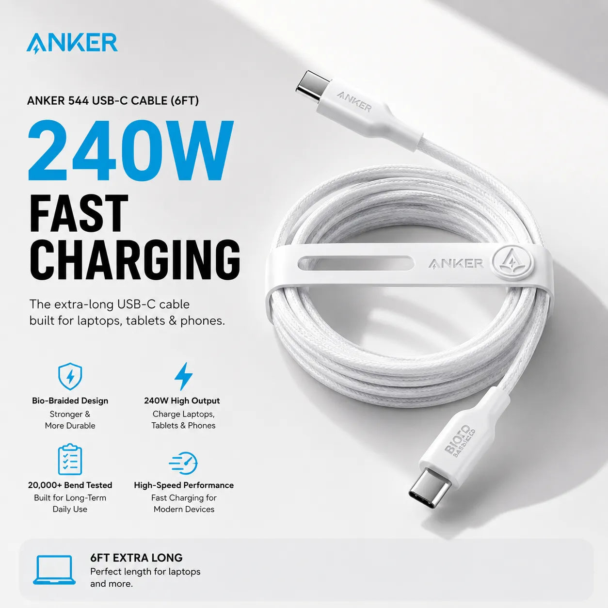 Anker 544 240W USB-C Fast Charging Cable (6ft) – Durable Bio-Braided Design
