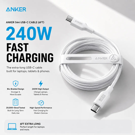Anker 544 240W USB-C Fast Charging Cable (6ft) – Durable Bio-Braided Design