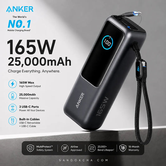 Anker 165W 25,000mAh Power Bank – 3 USB-C Ports + Built-In Cables