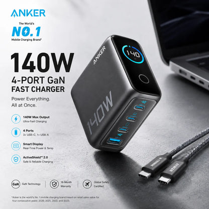 Anker ZOLO 140W GaN 4-Port USB-C Fast Charger with Smart Display