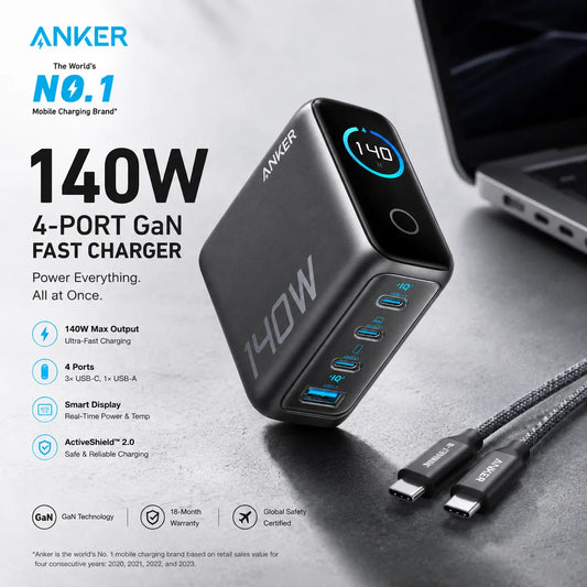 Anker ZOLO 140W GaN 4-Port USB-C Fast Charger with Smart Display